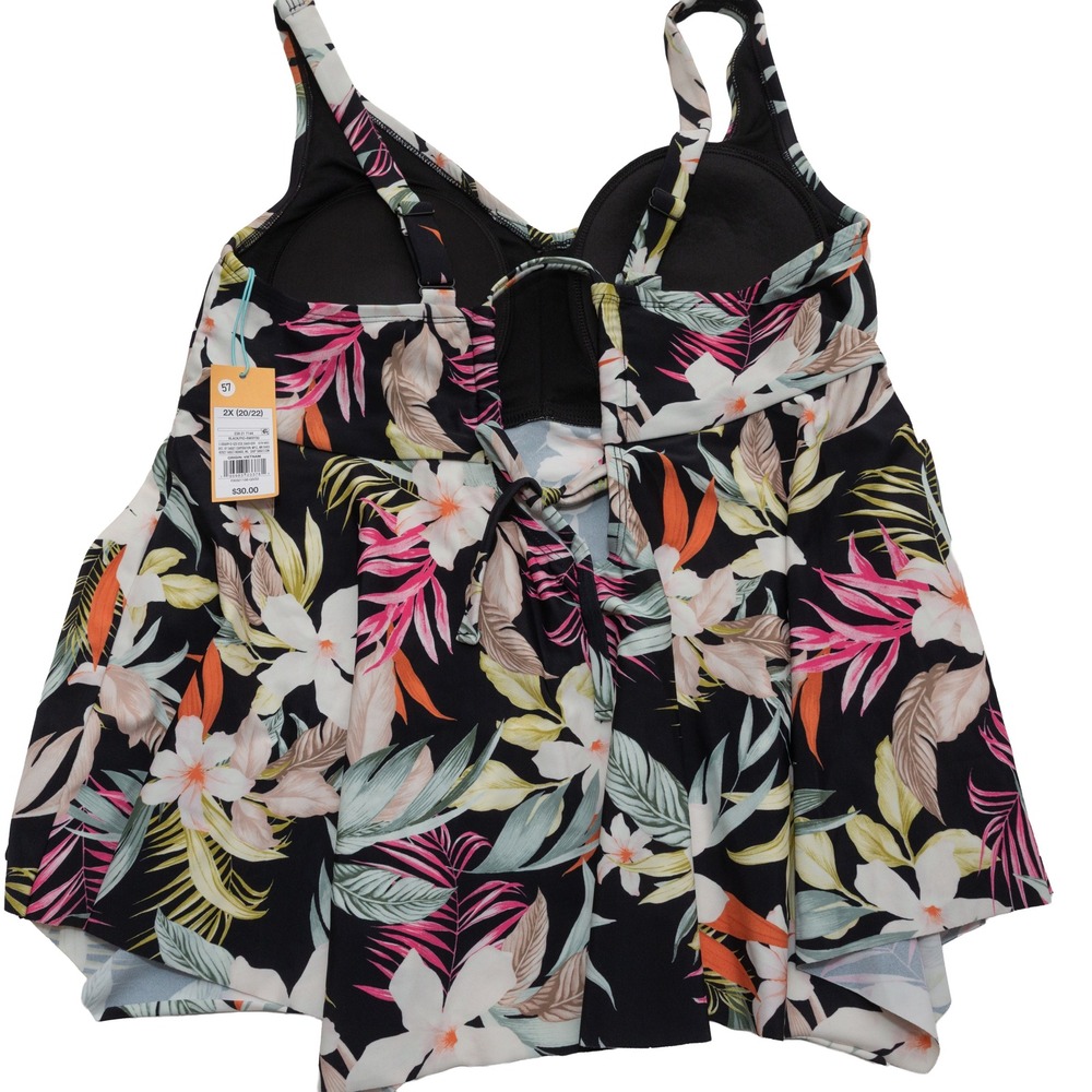 NEW Kona Sol Tankini Top Women 2X Black Floral Handkerchief Hem Tropical Swim - Picture 6 of 9